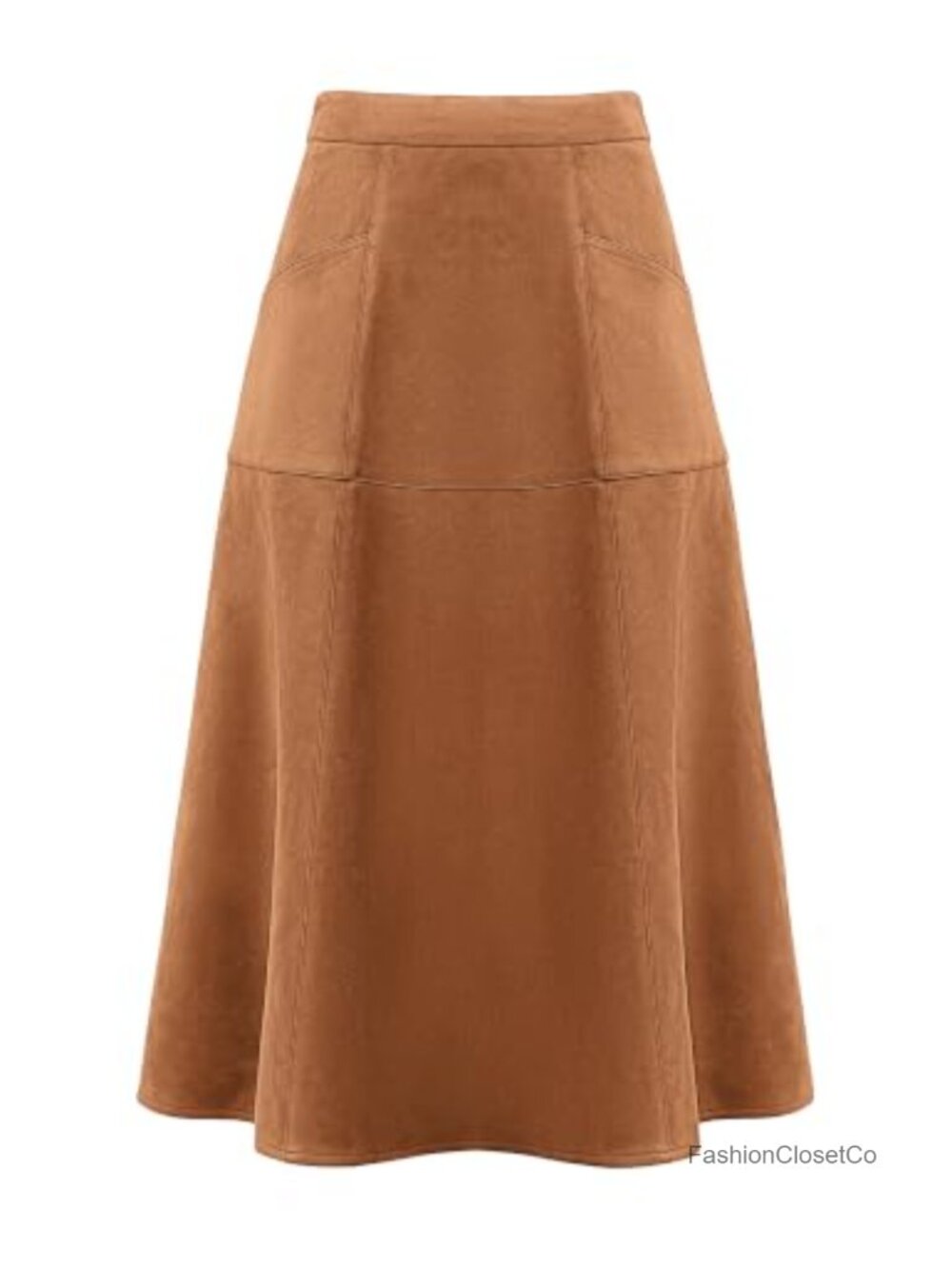 Faux Suede A-Line Midi Skirt High Waist with Pockets